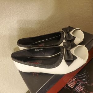 Pleaser White and Black Peep-Toe Flats with Bow